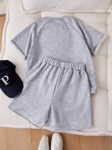 青少年女孩休闲街头风格运动字母刺绣插肩袖宽松 T 恤和短裤套装，夏季 - 灰色 - 查看 7