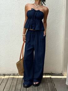 SHEIN EZwear Ensemble casual femme débardeur et pantalon en coton tressé bleu marine