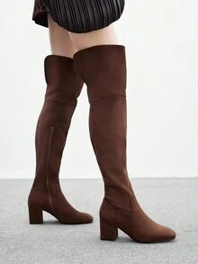 CUCCOO BIZCHIC 棕色粗跟绒面弹力过膝长靴，性感时尚欧美风，秋冬女士 - 棕色 - 查看 3