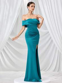 Coutiva Váy đuôi cá trễ vai nhún bèo thanh lịch - màu xanh lá - Xem 4