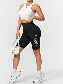 SHEIN EZwear 休闲蝴蝶图案针织紧身女式短款打底裤，适合夏季 - 黑色 - 查看 4