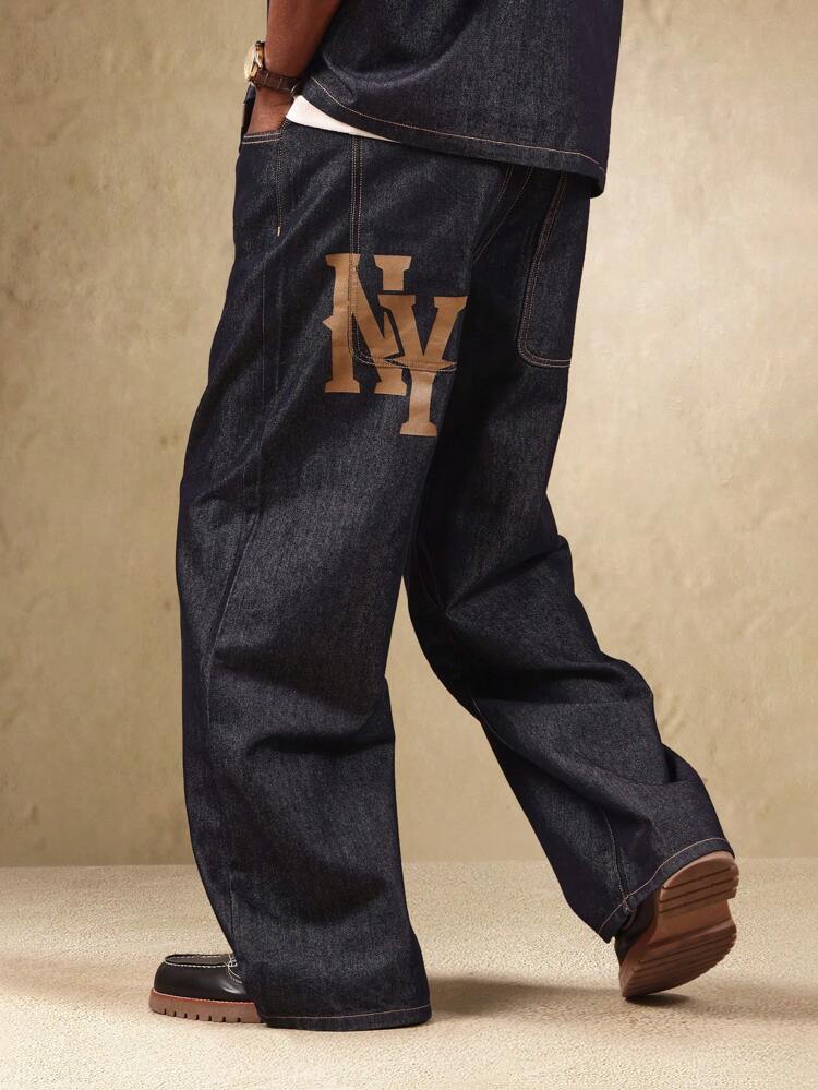 Jean en denim brut à jambe large avec imprimé logo
