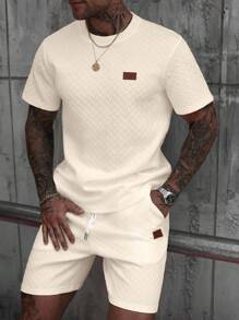 Manfinity CasualCool 男士V领罗纹布T恤+抽绳短裤套装男两件套休闲短裤套装2件套男士夏季套装男士夏季运动服奶油色套装男士夏季服装