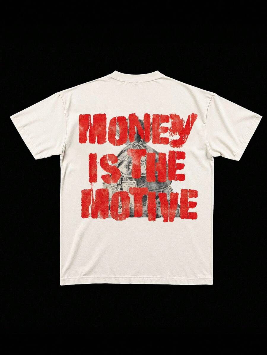 Manfinity Dauomo Y2K 复古字母图案印花圆领短袖T恤，适合所有季节 - 白色 - 查看 1