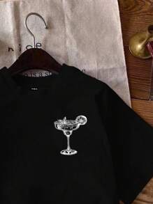 Attitoon Áo thun nữ tay ngắn cổ tròn dáng rộng họa tiết ly cocktail, phù hợp cho mùa hè - màu đen - Xem 5