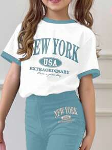 SHEIN Happikins 2pcs/Set Young Girl Casual Cartoon Pattern Round Neck Short Sleeve Top And Flare Pants Outfit, Suitable For Summer - Multicolor - View 3