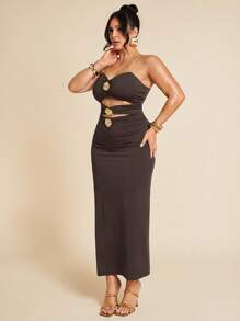 SHEIN BAE Váy khoét lỗ trang trí kim loại màu đen cỡ lớn dành cho nữ, đi nghỉ - Cà phê nâu - Xem 5