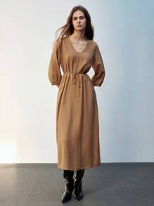 Maija Đầm dài tay lửng cổ chữ U màu nâu thoải mái cho nữ, đơn giản, thời trang, phù hợp mặc hàng ngày, đi làm, có thắt lưng, thích hợp cho mùa hè và mùa thu - Màu vàng - Xem 10