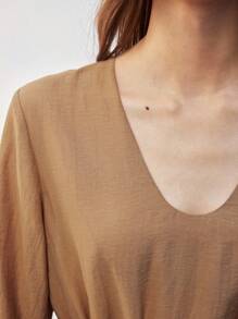 Maija Đầm dài tay lửng cổ chữ U màu nâu thoải mái cho nữ, đơn giản, thời trang, phù hợp mặc hàng ngày, đi làm, có thắt lưng, thích hợp cho mùa hè và mùa thu - Màu vàng - Xem 6