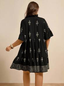 Freevana 大码女式花卉印花度假娃娃裙，夏季 - 黑色 - 查看 6