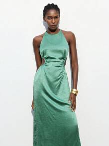 Maija Women's Green Ruched Design Dress, Versatile Elegant Urban Fashion, Comfortable Fitted Halter Backless Casual Business Party Music Concert Cruise Outfit Elegant And Intellectual Female Wedding Guest Dress Outfit And Beautiful French Slouchy High-End Sense Of Intelligence And Elegance Old Money Style Cruise Clothing Vacation Wear Green Satin Dress Sage Green Dress Side Cut Out Dress Cut Out Dress Green Dress,Autumn Outfits For Women, Christmas Women's Clothing
