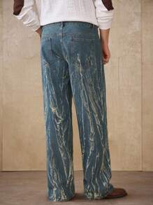 Manfinity Homme Jeans dritti da uomo con lavaggio sbiadito blu-verde, stile casual da strada, adatti per primavera/estate - Blu lavato medio - Visualizzare 3
