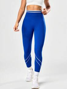Seamluxe SHEIN Sport 1 pieza Pantalón básico de entrenamiento con diseño sin costuras y color de contraste que absorbe la humedad, para fitness y yoga - Azul - Ver 4