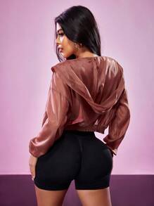 SHEIN Sports 女式纯色落肩透视休闲短款拉链运动夹克 - 棕色 - 查看 2