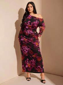SHEIN BAE Plus Size Women's Date Night Minimalist Elegant Comfortable Asymmetric Neck Pleated Top And Low Waist Twist Knot Skirt Elegant Lady's 2 Pieces Set/Fall Two Pieces Sets/Top And Skirt Set/Knit Set,Purple And Black Printed Long Mesh Two Pieces Suit,Fall Women Clothes,Halloween,Back To School Clothes,School Clothes,Christmas,Winter,Summer Dresses For Women,Wedding Guest Dress Women Curve,Plus Size Dresses,Birthday Outfits For Women,Vacation Outfits Woman,Formal Dresses For Women,Western Wear Women,Purple Set,Mesh - Purple - View 4