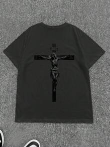 Manfinity Dauomo 男士休闲个性化字母印花短袖 T 恤，宽松圆领艺术图案，2000 年代风格