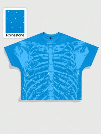 Goth Herren Diamant Totenkopf Muster Loose Fit Kurzarm T-Shirt