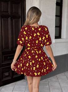 SHEIN Unity Beach Vacation Style Lemon Print Cinched Waist Versatile Dress Summer Dress Clothes For University - Burgundy - View 2