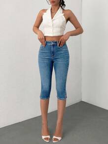 EURMUSE High Waist Slant Pocket Comfort Slim Capri Jeans - Light Wash - View 1