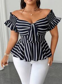 SHEIN CURVE+ Elegancka bluzka do pracy w dużym rozmiarze z kokardą i paskiem - Granatowy - Zobacz 1