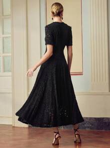 ZEYLAH Elegant High Collar 3D Floral Decor Short Sleeve Long Dress, Spring/Summer - Black - View 3