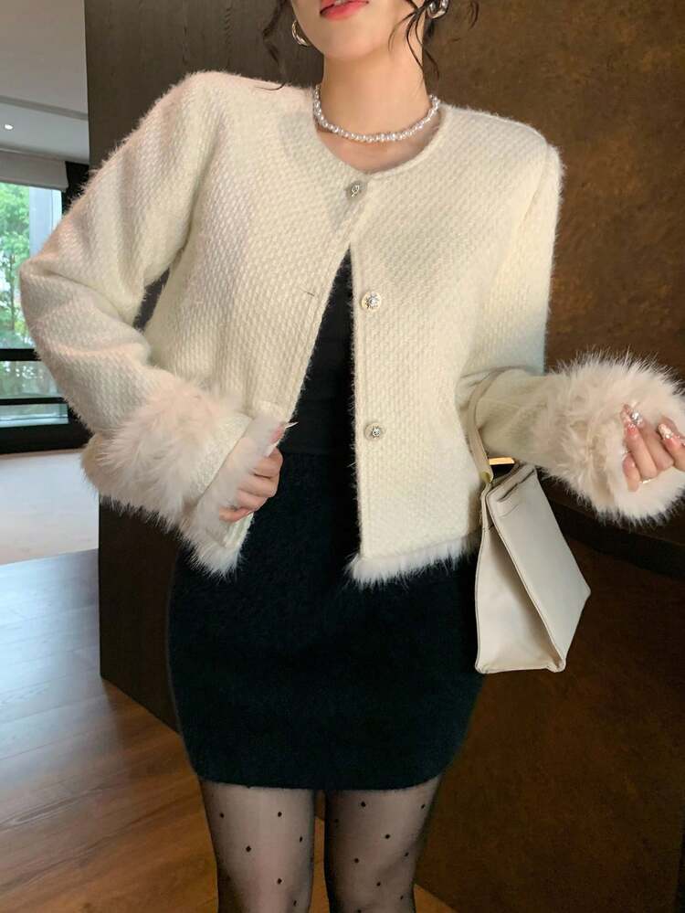 Women's Padded Coat With Fluffy Patchwork, Crew Neck Jacket Winter