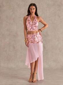 Glamine 女士粉色亮片刺绣花卉交叉露背吊带背心和低腰半身裙，休闲沙滩度假两件套，女士两件套服装，外套，沙滩装，夏季服装，女士套装，独立日服装，适合外出、海滩、返校、音乐节、狂欢节派对、婚礼宾客礼服、婚礼宾客礼服、婚礼宾客正式半身裙、女士生日半身裙、约会之夜女士婚礼宾客礼服 - 彩色 - 查看 1