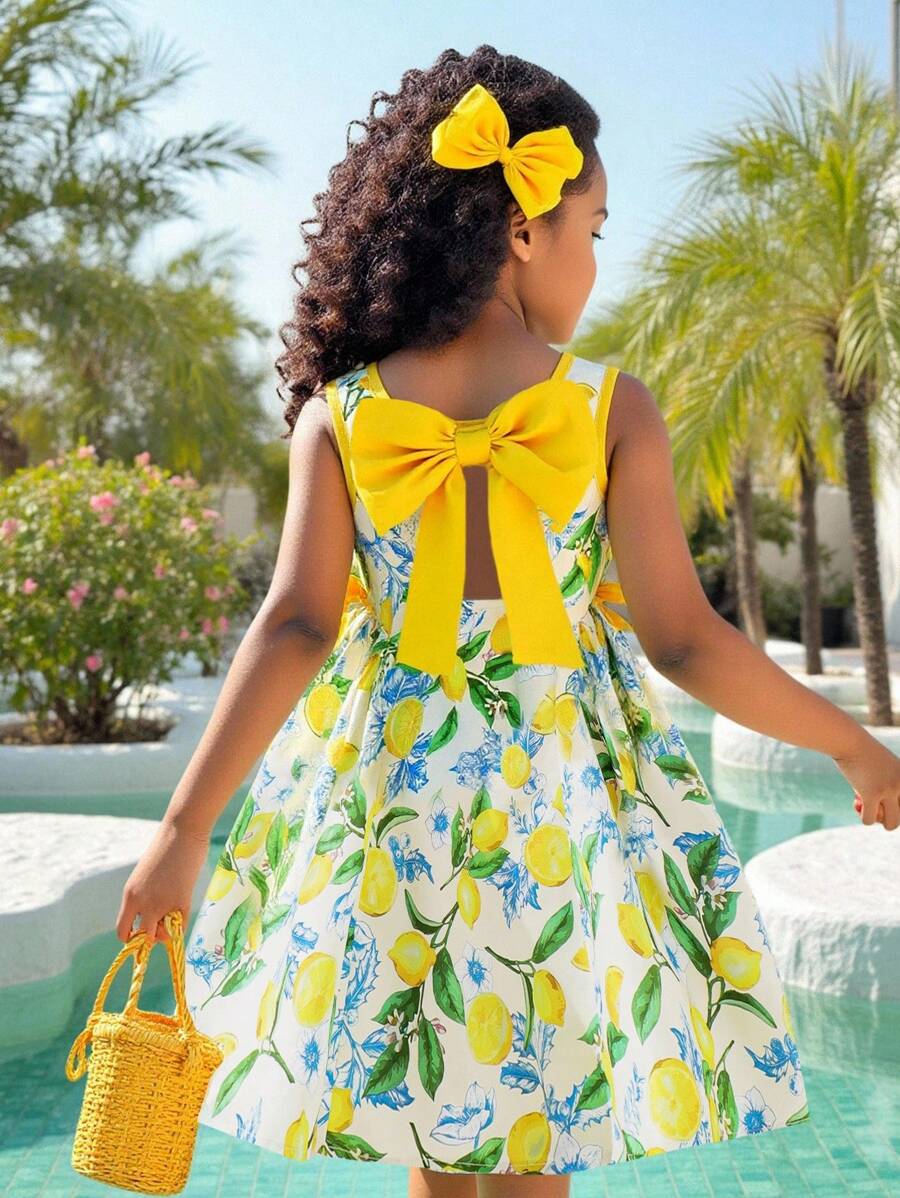 SHEIN Explorewe Young Girl Cute Floral 3D Decor Sleeveless Dress, Girls Tailored 3D Cut Design Fit For Summer Casual, Garden, School Wear Girls Lemon Dress Little Girls Lemon Dress Yellow Girls Dress Girls Bow Dress Lemon Print Dress Girls Girls Lemon Print Dress Yellow Lemon Print Dress - Yellow - View 1