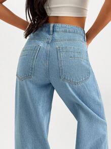 EURMUSE High Waist Asymmetric Belt Straight Jean Y2k - Medium Wash - View 2
