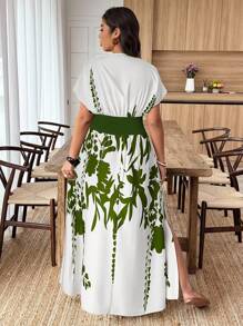 EMERY ROSE Plus Size Casual Vacation Plant Print Cinched Waist Split Hem Dress - Multicolor - View 2