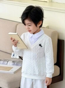 Genkimix Kids Bộ quần dài 2 trong 1 dệt kim cổ chữ V cho bé trai, phong cách Hàn Quốc, thường ngày - trắng - Xem 7