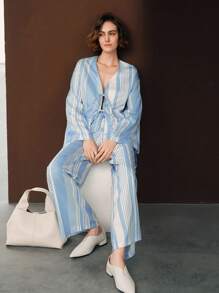 Uhlyne Conjunto casual de camisa de manga larga con nudo delantero y pantalones a rayas para vacaciones de mujer - Azul - Ver 1