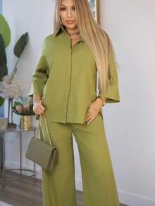 Cioccolato 2 件女式混合侧开叉宽松衬衫和阔腿高腰裤套装优雅商务休闲女士 - 綠色 - 查看 3
