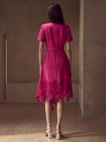 MOTF PREMIUM CONTRAST GUIPURE LACE HEM BUCKLE BELTED SHORT DRESS