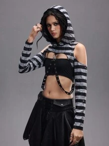 ROMWE Grunge Punk 回到学校：朋克摇滚风格连帽迷你性感做旧黑白条纹短款 T 恤，带链条设计，女士 T 恤 - 黑色 - 查看 8