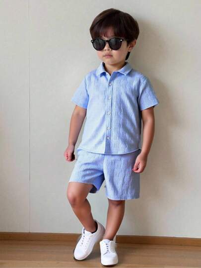 SHEIN 2 件儿童男童休闲日常纯色翻领开衫短袖衬衫和短裤套装，舒适套装，适合通勤、上学、日常、度假、运动、春夏秋冬