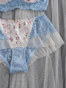 女士碎花撞色蕾丝性感内衣套装 - 藍白色 - 查看 10