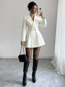 Elenzga Damen Einfarbiger Kragen Langarm Doppelreiher Eleganter Mantel - Aprikosenfarben - Übersicht 3