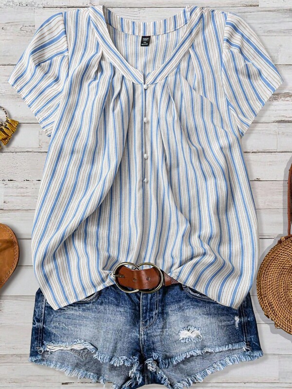 EMERY ROSE Plus Size Women's Summer Striped Short Sleeve Single-Breasted Casual Shirt