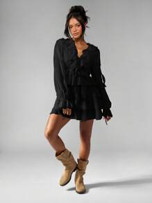 MISSGUIDED Chiffon Mini Dress With Balloon Sleeves Ruffle Layered Tiered Skirt Victorian Style Fall Winter Party Occasion Wear - Black - View 6