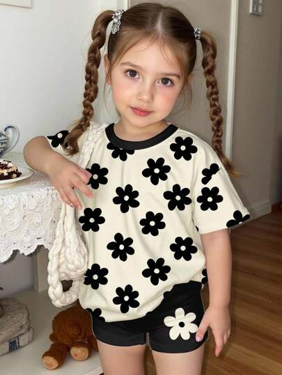 SHEIN Happikins Vintage Floral Print Cute Kawaii Young Girl Casual Minimalist Short Sleeve Top And Shorts 2-Piece Set, Suitable For Summer, Back To School, 2000s Style, Korean Style, Autumn/Fall Flower Shirt Girls Floral Tops Kids Kids Girl Tops Flower Set Summer Outfit Kids Kid Cute Tops