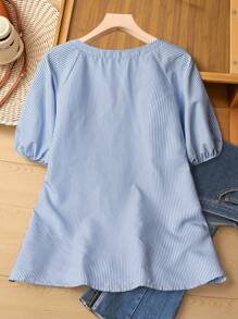 EMERY ROSE Plus Size Cotton Ruffles Splice Hollow-Out Striped Long Blouse, Blue-White, Casual Resort Wear, Suitable For Spring And Summer Country Concert Countrys Women