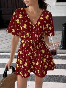 SHEIN Unity Beach Vacation Style Lemon Print Cinched Waist Versatile Dress Summer Dress Clothes For University - Burgundy - View 4