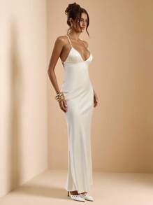 SHEIN BAE 杏色/白色深 V 领细肩带露背系带长款缎面美人鱼连衣裙，适合节日、婚礼、生日、毕业季穿着的优雅连衣裙 - 杏色 - 查看 6