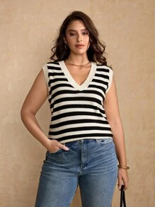 Flirla Áo vest dệt kim kẻ sọc kiểu Pháp cỡ lớn cho nữ, áo ba lỗ chui đầu không tay mới, trang phục đi làm thường ngày đa năng, phong cách sang trọng - Nhiều màu - Xem 1