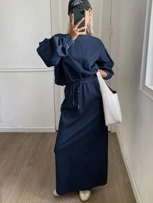 DAZY Bộ 2 món áo cánh rộng cổ tròn màu trơn và chân váy denim cho nữ, mùa thu - Rửa trung bình - Xem 1