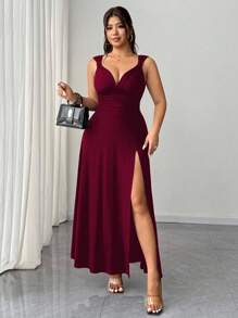 Elenzga 女式加大码纯色扭结V领高开衩高弹力针织派对鸡尾酒百搭时尚设计2025新款连衣裙 - 酒紅色 - 查看 6