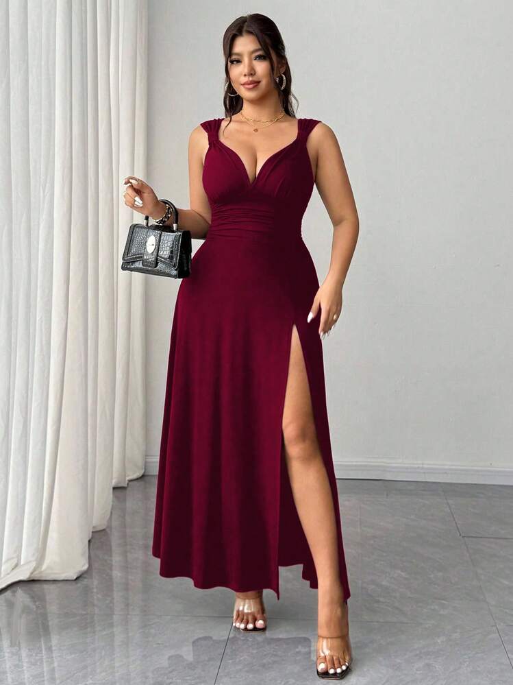 SHEIN Elenzya Vestido de fiesta o cóctel versátil y con diseño elegante, de punto elástico con cuello en V, abertura alta y nudo retorcido en unicolor, talla grande, nuevo modelo 2025 - Burdeos - Añade 6