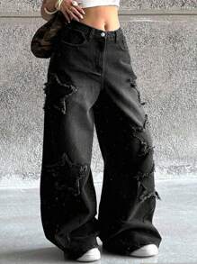 Coolane 少女饶舌歌手运动休闲垃圾摇滚星形图案水洗牛仔裤