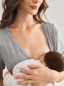 Maternity Solid Color V-Neck Short Sleeve Pocket Single-Breasted Casual Dress Maternity Sleepwear